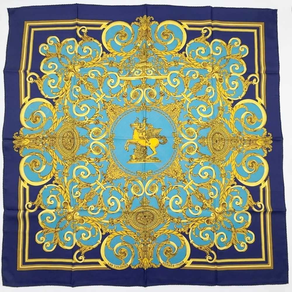 Hermes scarf/muffler, Carre 90, Tuileries Gardens, silk, blue, navy, gold, la...